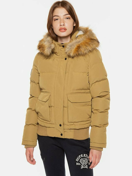 Everest Kurz Damen Puffer Jacke mit pelziger Kapuze für Winter Camel