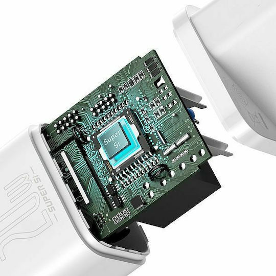 Baseus Φορτιστής με Θύρα USB-C και Καλώδιο USB-C - Lightning 20W Power Delivery Λευκός (Super Si)