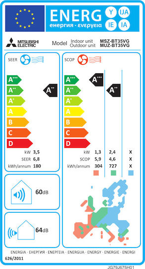 Mitsubishi Electric MSZ-BT VGK Κλιματιστικό Inverter 12000 BTU A++/A++ με WiFi και Λειτουργία Econo Cool