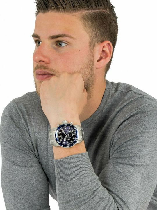 Invicta Pro Diver Ανδρικό Ρολόι 48mm Χρονογράφος Μπαταρίας με Ασημί Μεταλλικό Μπρασελέ