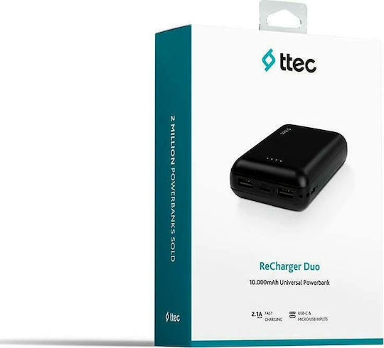 TTEC ReCharger Duo Power Bank 10000mAh 10.5W με 2 Θύρες USB-A και Θύρα USB-C Μαύρο