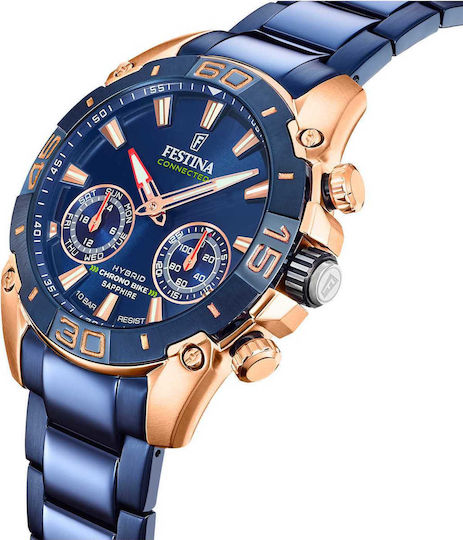 Festina Chrono Bike Hybrid Stainless Steel 45mm Waterproof Smartwatch (Blue Steel Bracelet)