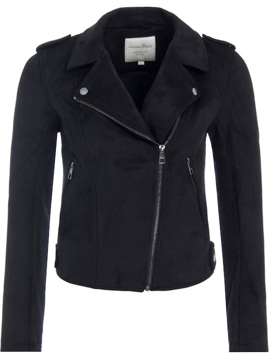 Tom Tailor Women's Short Biker Artificial Leather Jacket for Winter Black