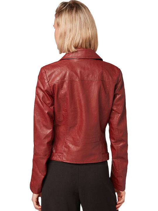 Tom Tailor Women's Short Biker Artificial Leather Jacket for Winter Fired Brick Red
