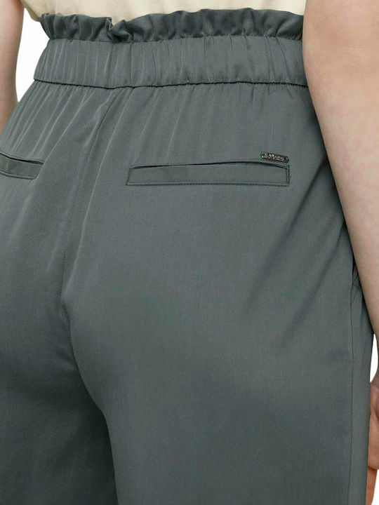 Women's Fabric Capri Trousers with Elastic Relaxed Fit Dusty Pine Green