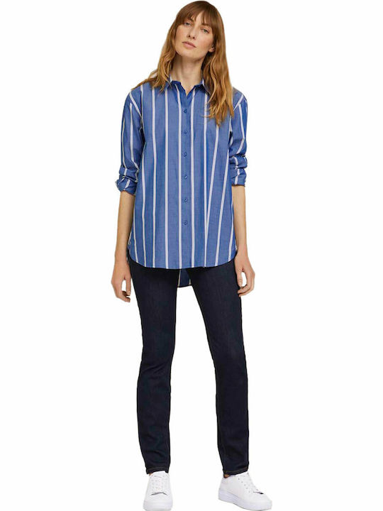 Poplin Women's Striped Long Sleeve Shirt Blue