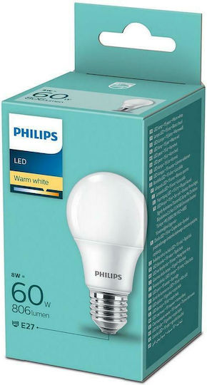 Philips LED Крушка 8W за Цокъл E27 и Форма A60 Топло бяло 806лм