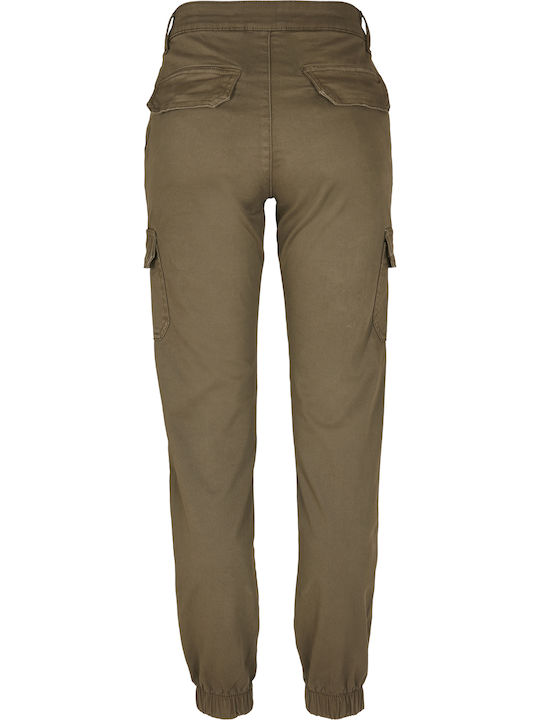 Women's High-waisted Fabric Cargo Trousers with Elastic Olive