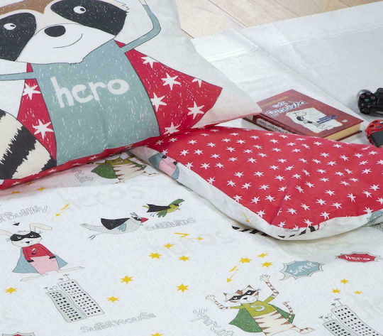 Nef-Nef Homeware Super Animals Set Kids Duvet Cover Single with Pillowcase Cotton White Red 160x240cm