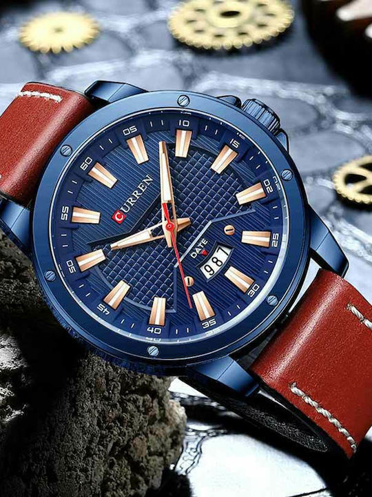 Curren Ανδρικό Ρολόι 46mm Μπαταρίας με Μπορντό Δερμάτινο Λουράκι
