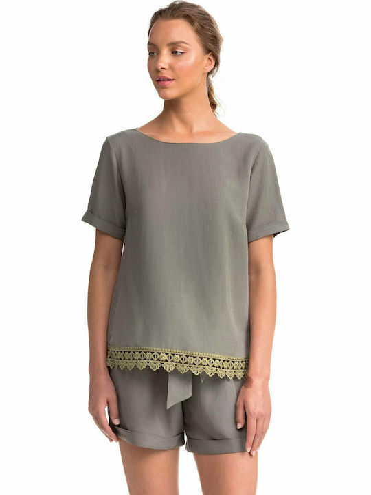 Damen Sommer Bluse Leinen Kurzärmelig Green Sage