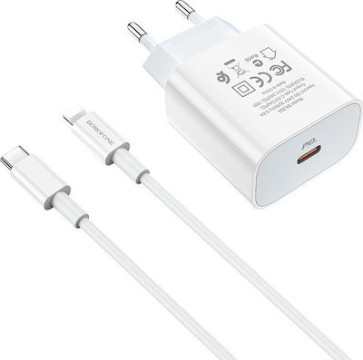 Borofone Φορτιστής με Θύρα USB-C και Καλώδιο Lightning 20W Power Delivery / Quick Charge 2.0 / Quick Charge 3.0 Λευκός (BA38A Plus)