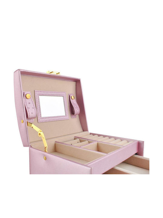 Beautylushh Jewellery Box Made of Faux Leather with Drawer & Mirror Pink 17.5x13.8x17.5cm