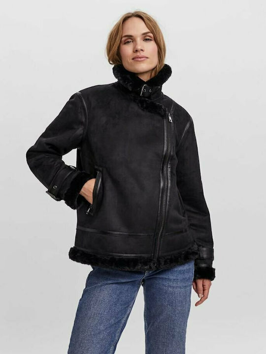 Μουτόν Γυναικείο Biker Jacket με Επένδυση Γούνας Μαύρο