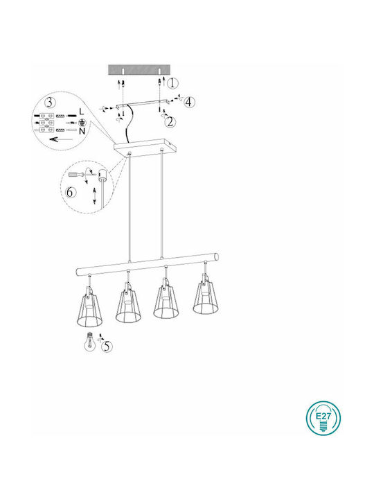 Trio Lighting Jaipur Hängelampe Beige Schiene für 4 Lampen E27 80x150cm.