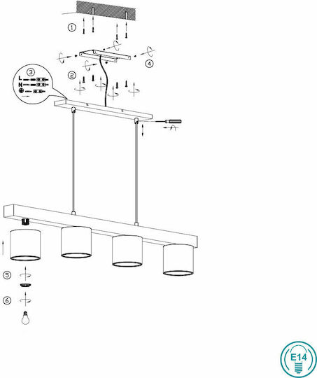Trio Lighting Cameron Ρυθμιζόμενο Κρεμαστό Φωτιστικό Μαύρο Ράγα για 4 Λαμπτήρες E14 75x150εκ.