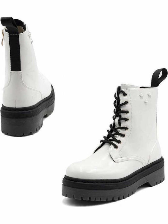 Elyse Women's Patent Leather Ankle Boots with Medium Heel White