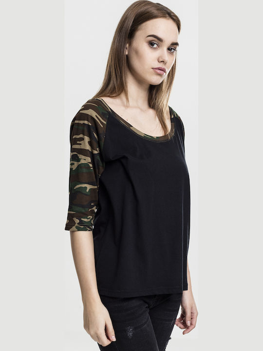 Γυναικεία Μπλούζα Βαμβακερή με Μανίκι 3/4 Black/Wood Camo