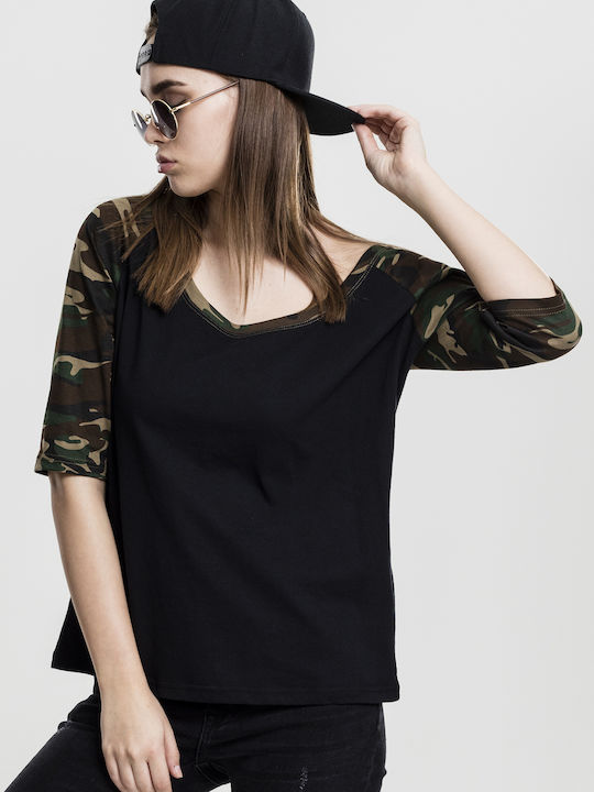 Γυναικεία Μπλούζα Βαμβακερή με Μανίκι 3/4 Black/Wood Camo
