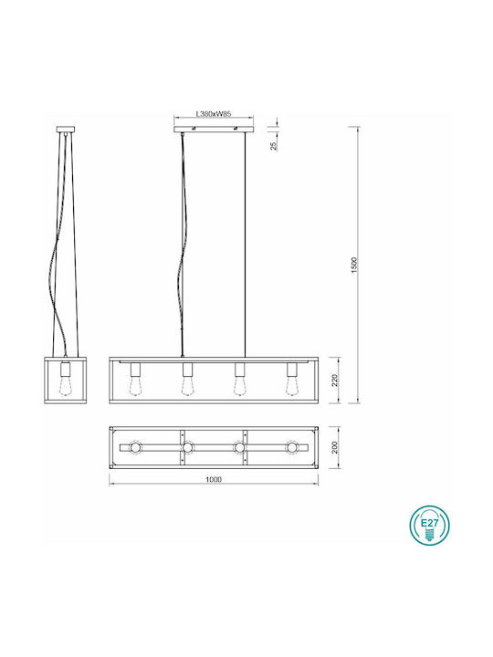 Trio Lighting Vito Adjustable Pendant Light Black Rail for 4 Bulbs E27 100x150x100cm