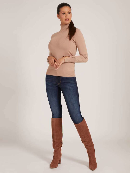Winter Women's Fleece Turtleneck Long Sleeve Beige Blouse