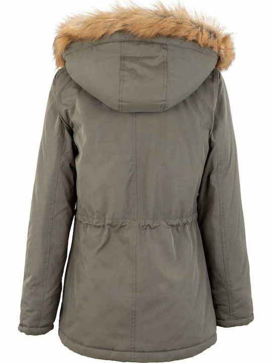 Losan 122-2006AL Lang Damen Parka Jacke mit pelziger Kapuze für Winter Khaki