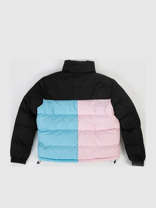 Reversible Women's Short Puffer Jacket Double Sided for Winter Black/Pink/Light Blue