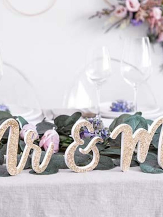 PartyDeco Wedding Decoration Wooden Table Decoration Mr & Mrs with Glitter Gold