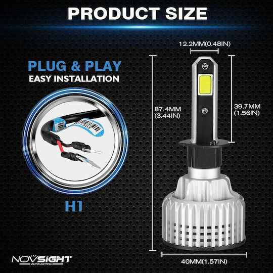 NovSight Lamps Car H1 LED 6500K Cold White 12-24V 72W 2pcs