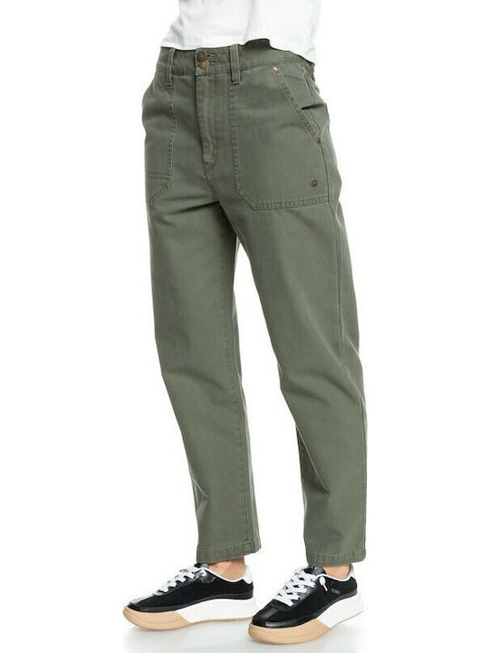 Broken Sun Women's High Rise Fabric Trousers in Relaxed Fit Khaki