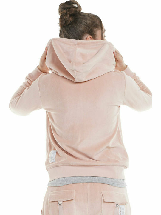 Body Action Women's Hooded Velvet Cardigan Pink