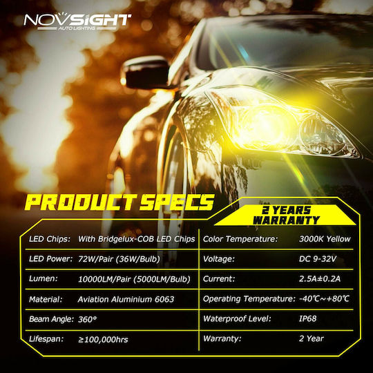 NovSight Λάμπες Αυτοκινήτου & Μοτοσυκλέτας H7 LED 3000K Θερμό Λευκό 12-24V 72W 2τμχ