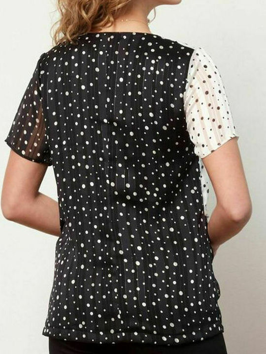 Raxevsky B21125 Women's Summer Blouse Short Sleeve with V Neckline Polka Dot Black