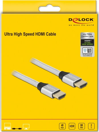 DeLock HDMI 2.1 Ultra High Speed 48Gbps 4K 120Hz HDR VRR Braided Cable HDMI male - HDMI male 2m Ασημί