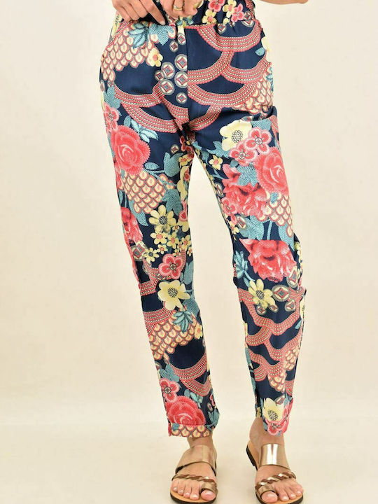 High-waisted pants with flowers Blue 2030