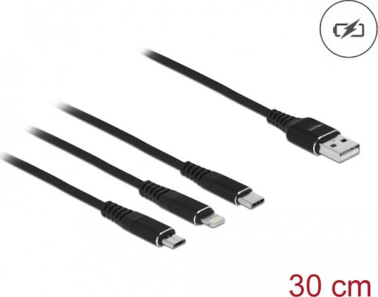 DeLock Regular USB to Lightning / Type-C / micro USB Cable Μαύρο 0.3m (87152)