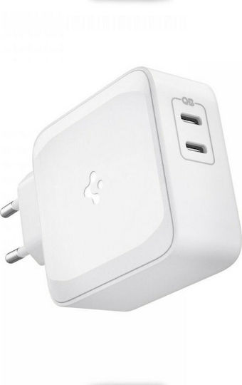 Spigen Зарядно Устройство Без Кабел GaN с 2 USB-C Изходни Порта 60W Power Delivery Бял (PowerArc)