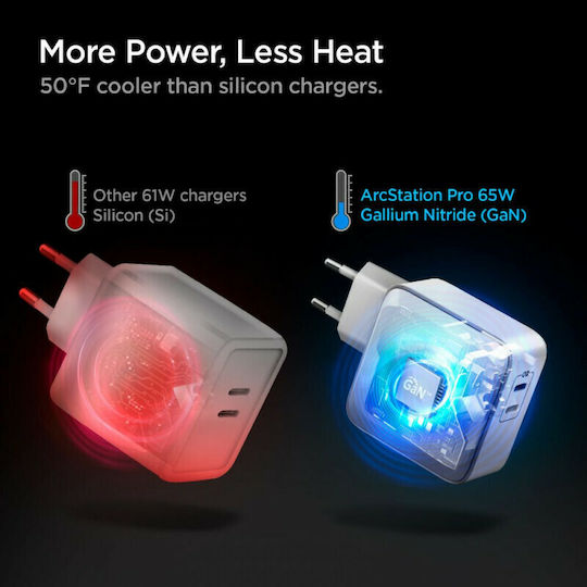 Spigen Зарядно Устройство Без Кабел GaN с 2 USB-C Изходни Порта 60W Power Delivery Бял (PowerArc)