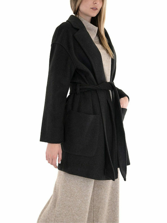 Damen Schwarz Kurzmantel mit Gürtel