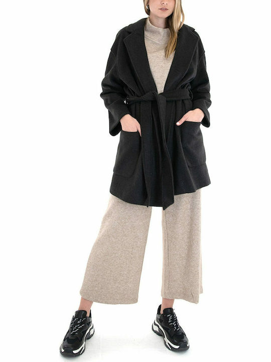 Damen Schwarz Kurzmantel mit Gürtel