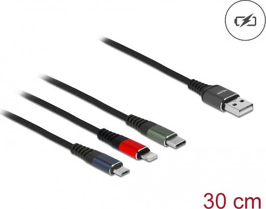 DeLock Regular USB to Lightning / Type-C / micro USB Cable Μαύρο 0.3m (87236)