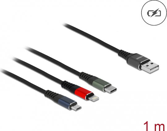 DeLock Regular USB to Lightning / Type-C / micro USB Cable Μαύρο 1m (87277)