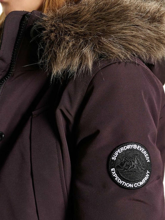 Everest Μακρύ Γυναικείο Μπουφάν Παρκά με Γούνινη Κουκούλα για Χειμώνα Plum