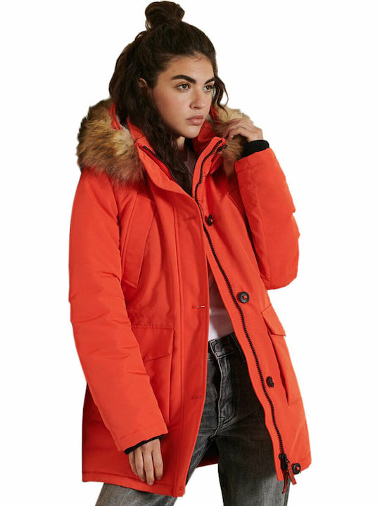 EVEREST Дълго Дамско Парка Яке с Пухкава Качулка за Зима Bold Orange