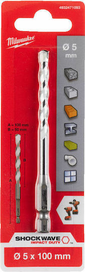 Milwaukee Shockwave Drill Carbide with Hexagonal Shank for Metal, Wood, Masonry, Glass and Tiles 5x50mm