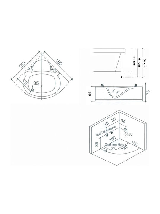 Vinci Phuket Μπανιέρα Ακρυλική με Υδρομασάζ 150x150x75cm