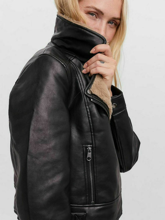 Women's Short Biker Artificial Leather Jacket for Winter Black / Beige