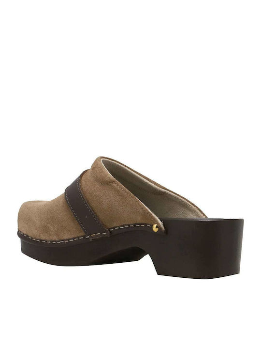 Pescura Suede Mules with Low Heel in Brown Color