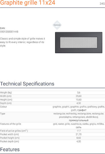 Kratki Rectangular Fireplace Air Shutter Gray 24x11cm