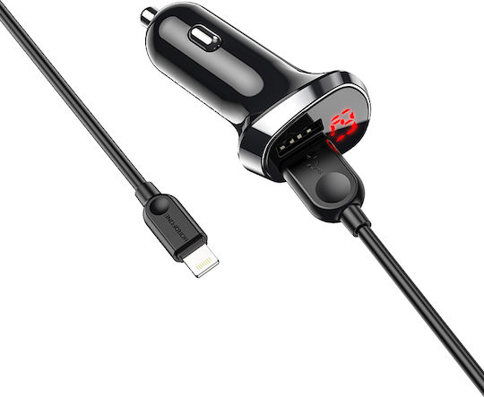 Borofone BZ15 LCD Auto-Ladegerät 2.4A mit Anschlüssen: 2xUSB mit Kabel Blitzschlag und Voltmeter Schwarz Farbe